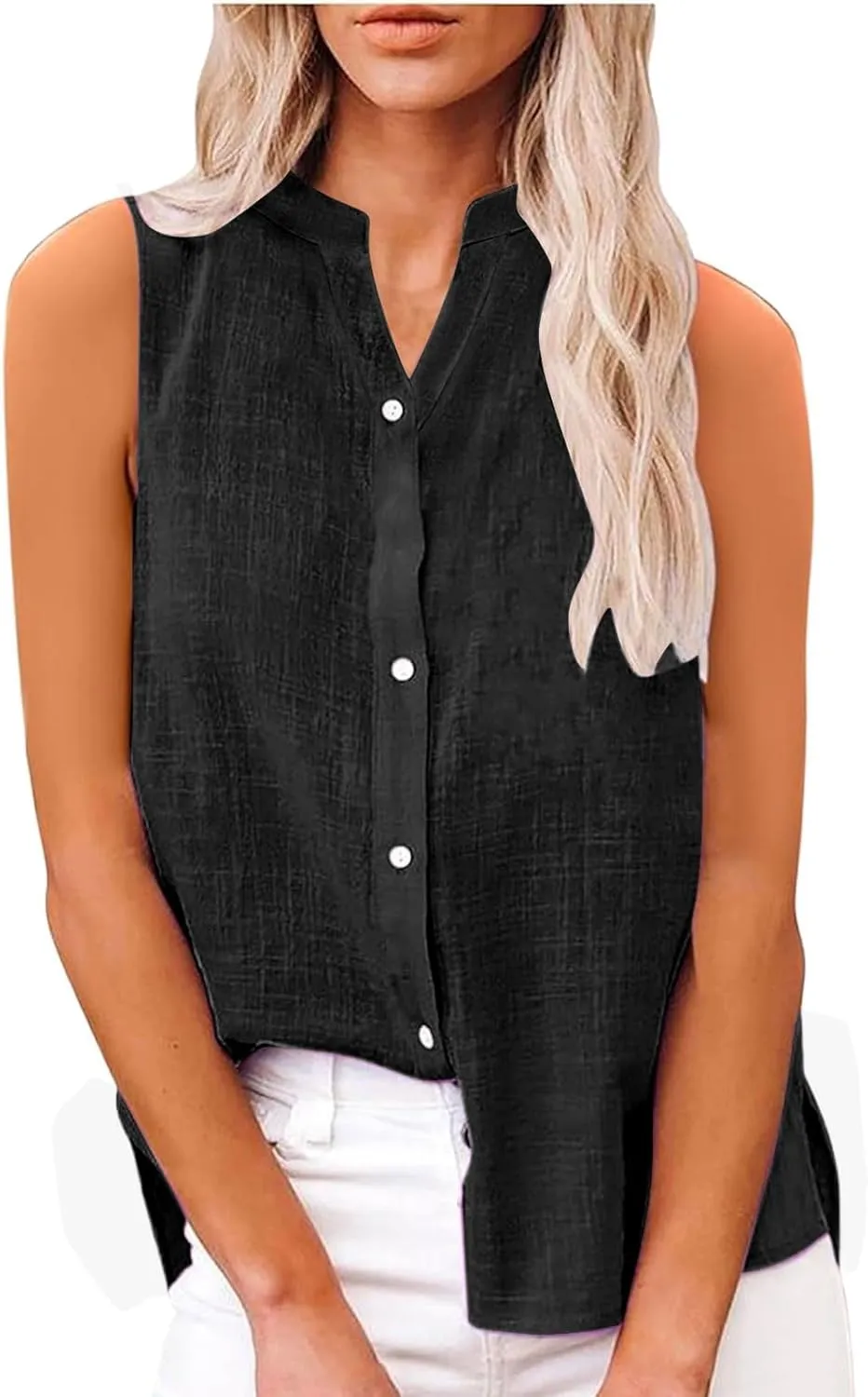 Summer Tops for Women 2025 Trendy Plain V Neck Button Down Work Tshirts Empire Waist Long Sleeve Linen Shirts
