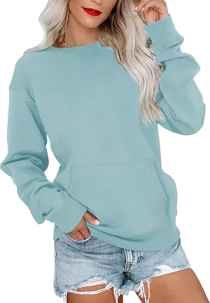 Sweatshirt for Women Long Sleeve Crewneck Sweatshirt Casual Solid Pullover Loose Fit Sweatshirt with Pocket