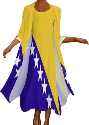 TAIZIYEAH Dress Suit Bosnia and Herzegovina Flag Women's Summer Casual Loose Dress Long Dress Short Sleeve for Girls Fashion Skirts XL