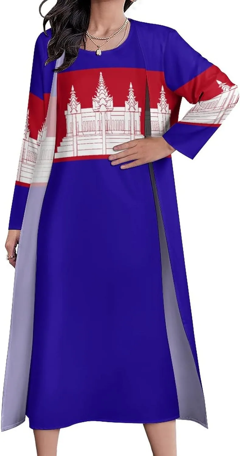 TAIZIYEAH Dress Suit Elegant Casual Long Dress Cambodia Flag Girls Summer Sunshine Beach Skirts for Womens XL
