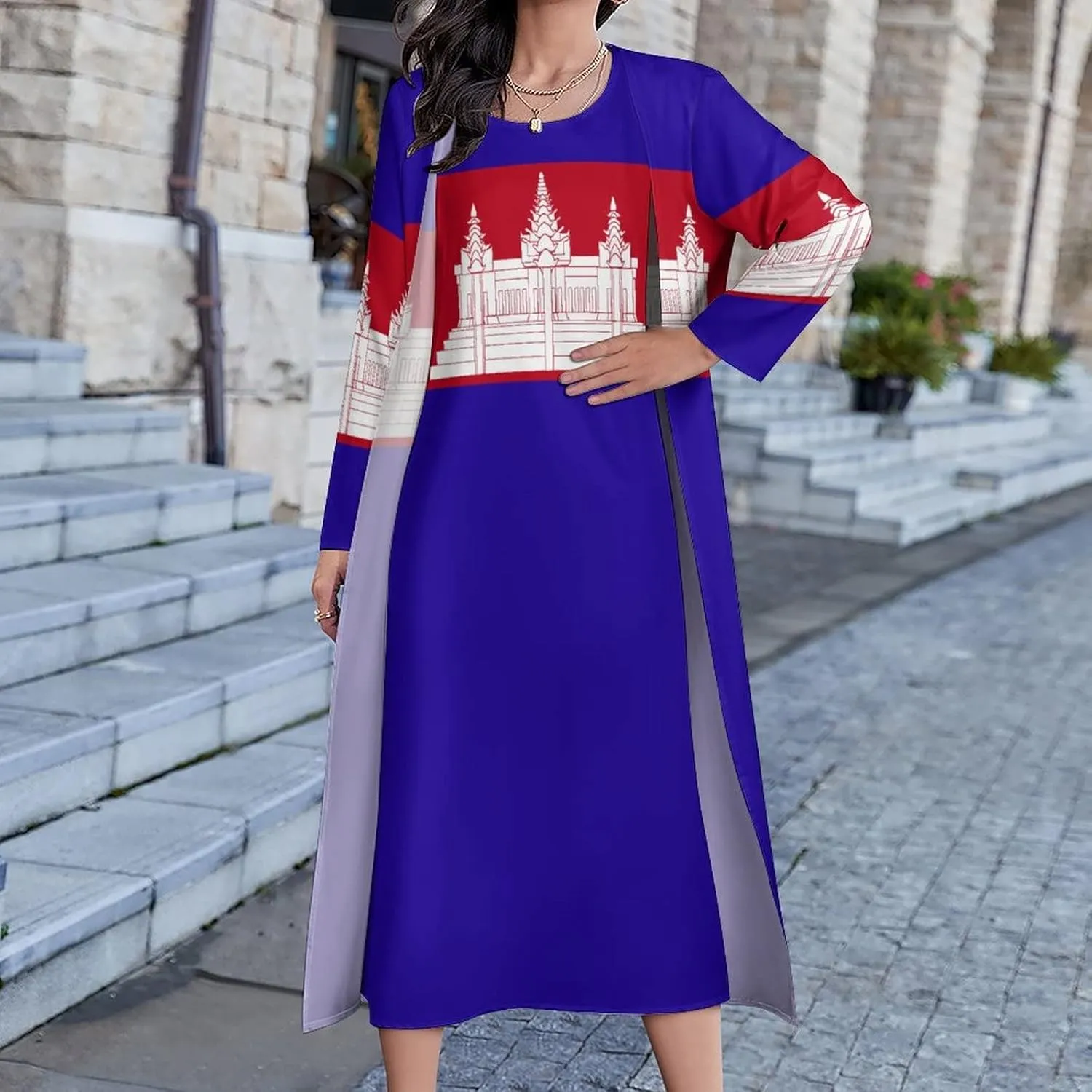 TAIZIYEAH Dress Suit Elegant Casual Long Dress Cambodia Flag Girls Summer Sunshine Beach Skirts for Womens XL