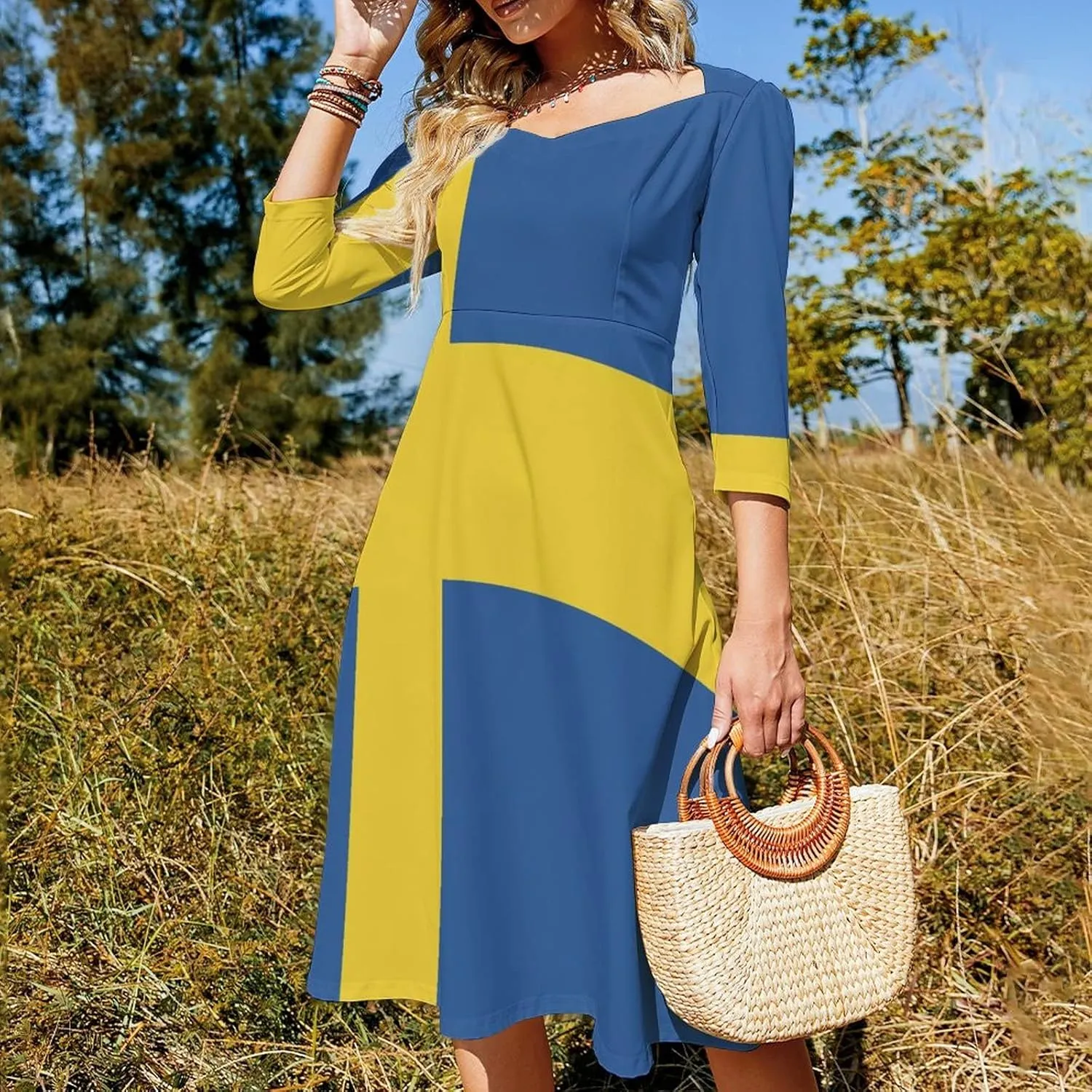 TAIZIYEAH Dress Swedish Flag Women's Summer Casual Loose Dress Long Dress Short Sleeve for Girls Fashion Skirts M