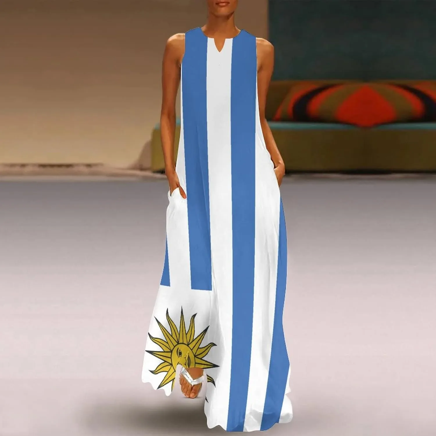 TAIZIYEAH Long Dress Uruguay Flag Women's Summer Casual Loose Dress Long Dress Short Sleeve for Girls Fashion Skirts S