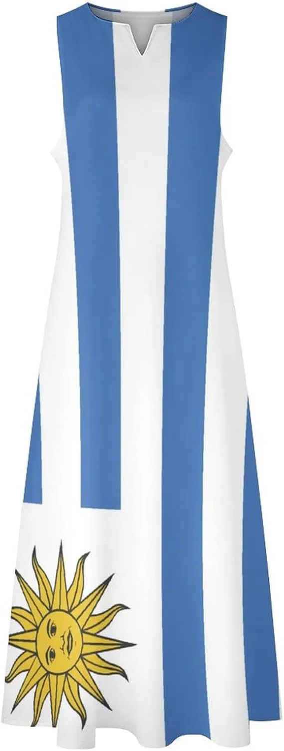 TAIZIYEAH Long Dress Uruguay Flag Women's Summer Casual Loose Dress Long Dress Short Sleeve for Girls Fashion Skirts S
