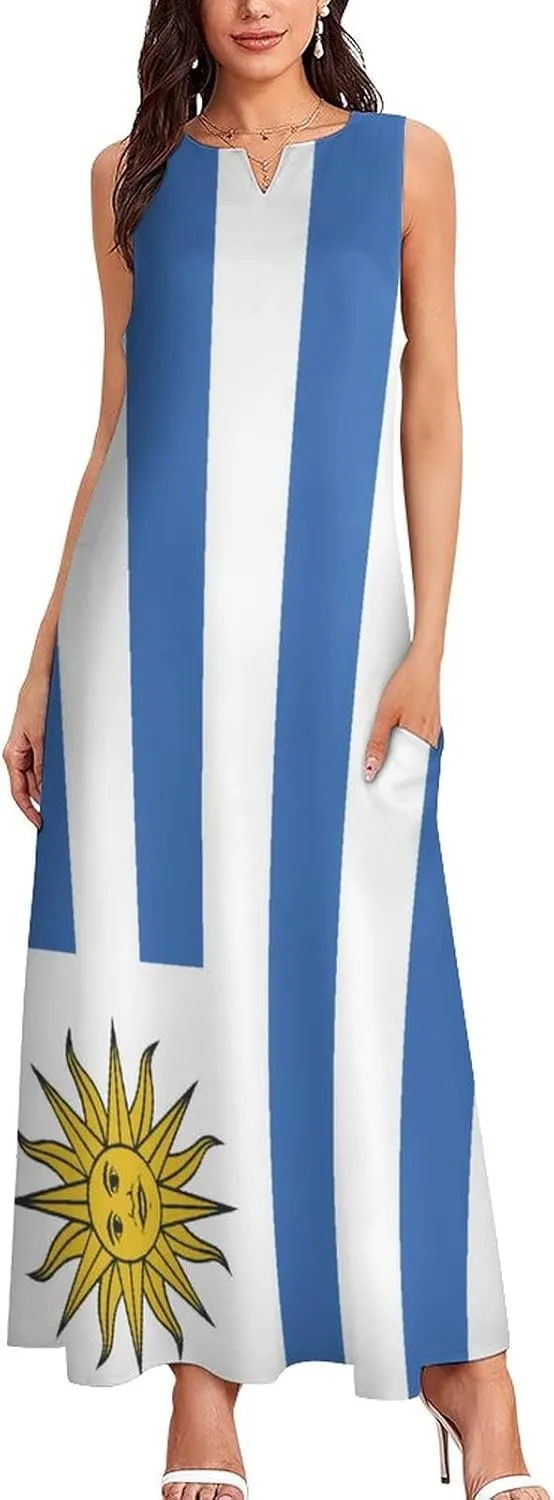 TAIZIYEAH Long Dress Uruguay Flag Women's Summer Casual Loose Dress Long Dress Short Sleeve for Girls Fashion Skirts S