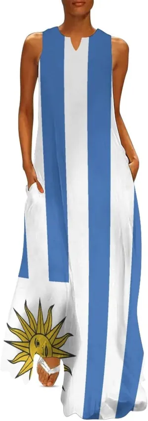 TAIZIYEAH Long Dress Uruguay Flag Women's Summer Casual Loose Dress Long Dress Short Sleeve for Girls Fashion Skirts S