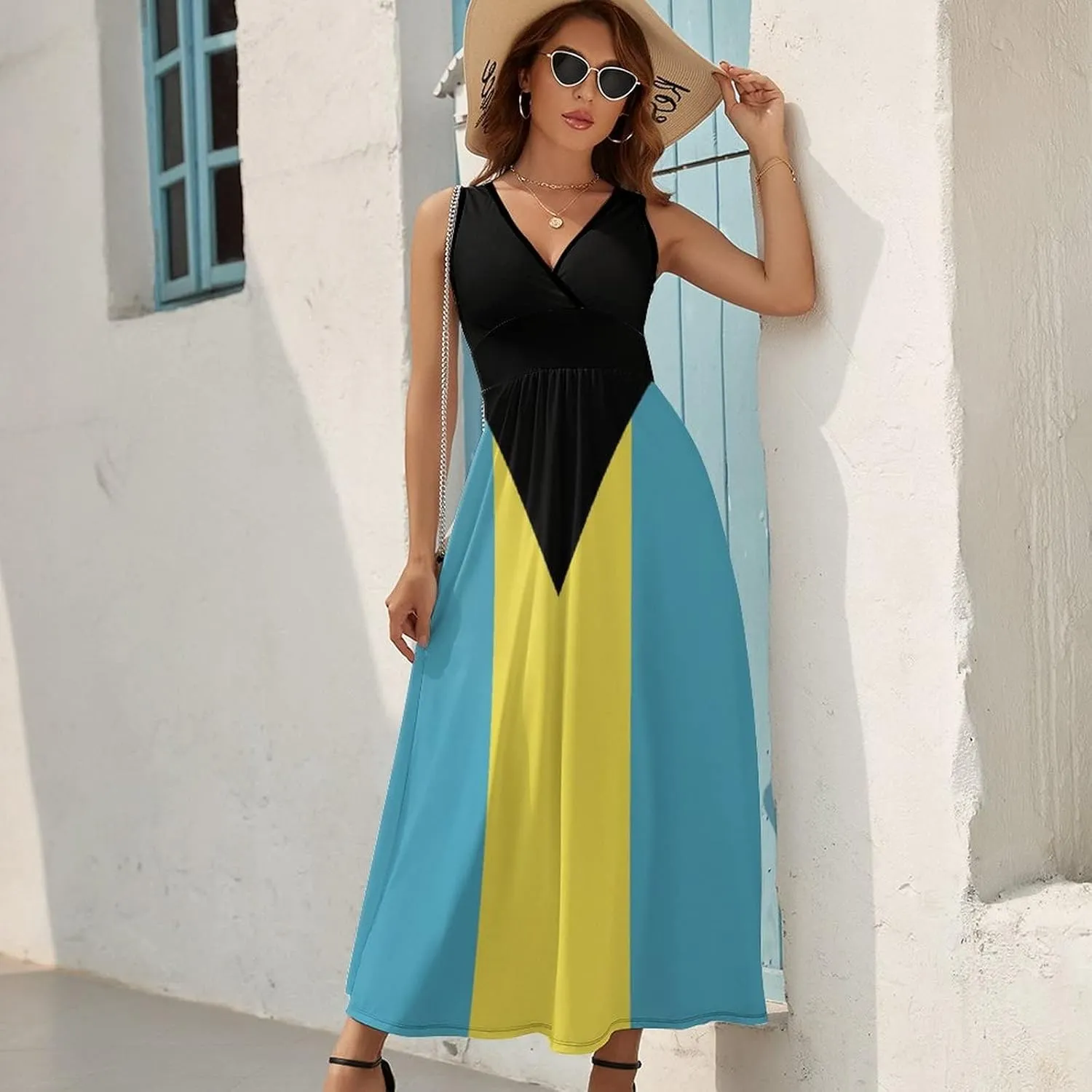 TAIZIYEAH Sleeveless Dress Elegant Casual Long Dress Bahamas Flag Girls Summer Sunshine Beach Skirts for Womens L