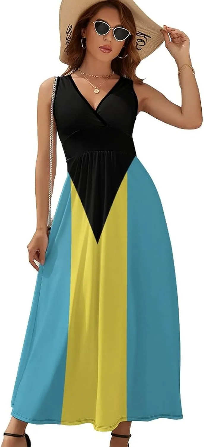 TAIZIYEAH Sleeveless Dress Elegant Casual Long Dress Bahamas Flag Girls Summer Sunshine Beach Skirts for Womens L
