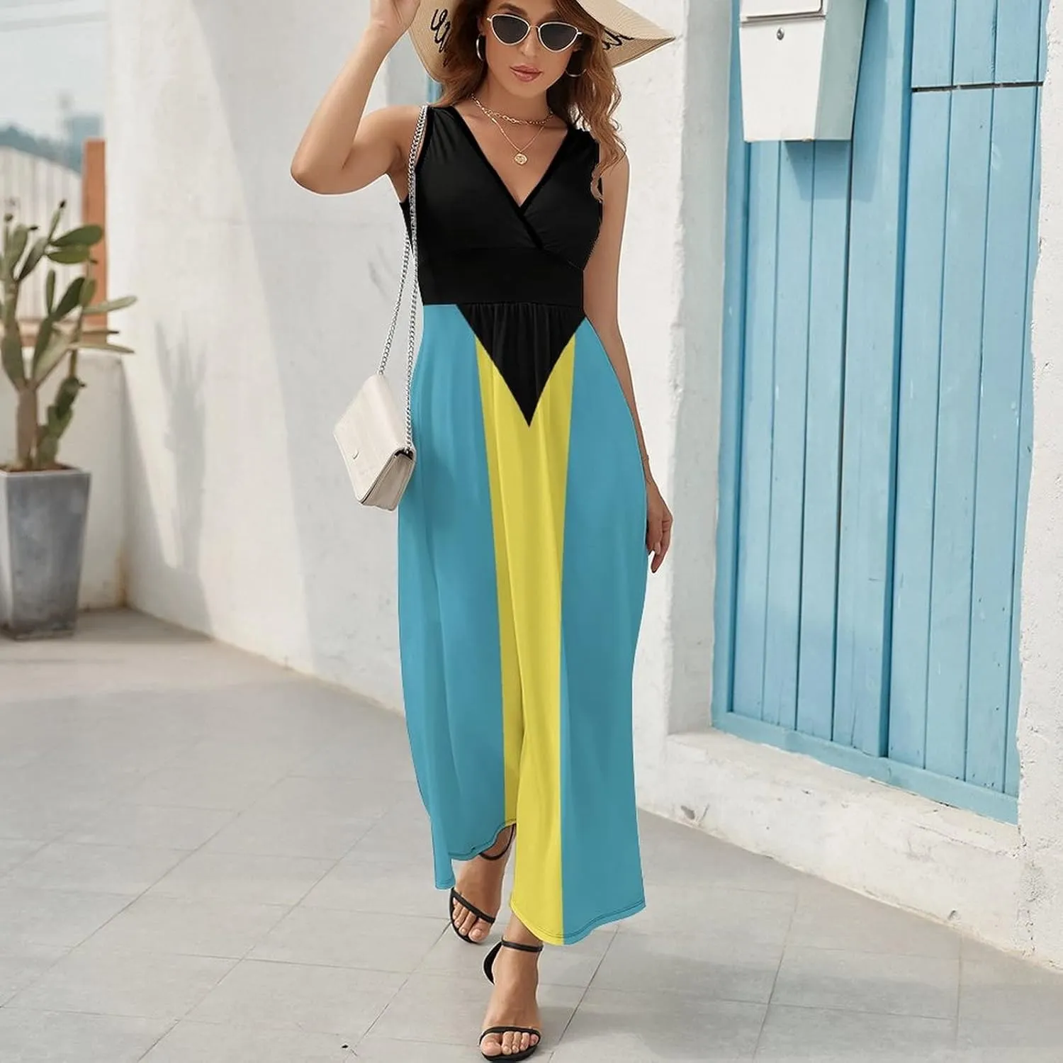 TAIZIYEAH Sleeveless Dress Elegant Casual Long Dress Bahamas Flag Girls Summer Sunshine Beach Skirts for Womens L