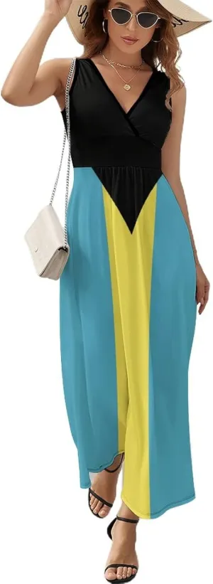 TAIZIYEAH Sleeveless Dress Elegant Casual Long Dress Bahamas Flag Girls Summer Sunshine Beach Skirts for Womens L