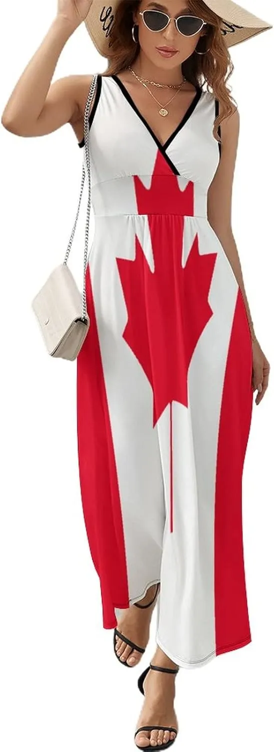 TAIZIYEAH Sleeveless Dress Elegant Casual Long Dress Canada Flag Girls Summer Sunshine Beach Skirts for Womens L