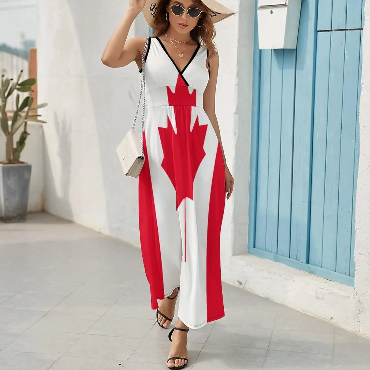 TAIZIYEAH Sleeveless Dress Elegant Casual Long Dress Canada Flag Girls Summer Sunshine Beach Skirts for Womens L