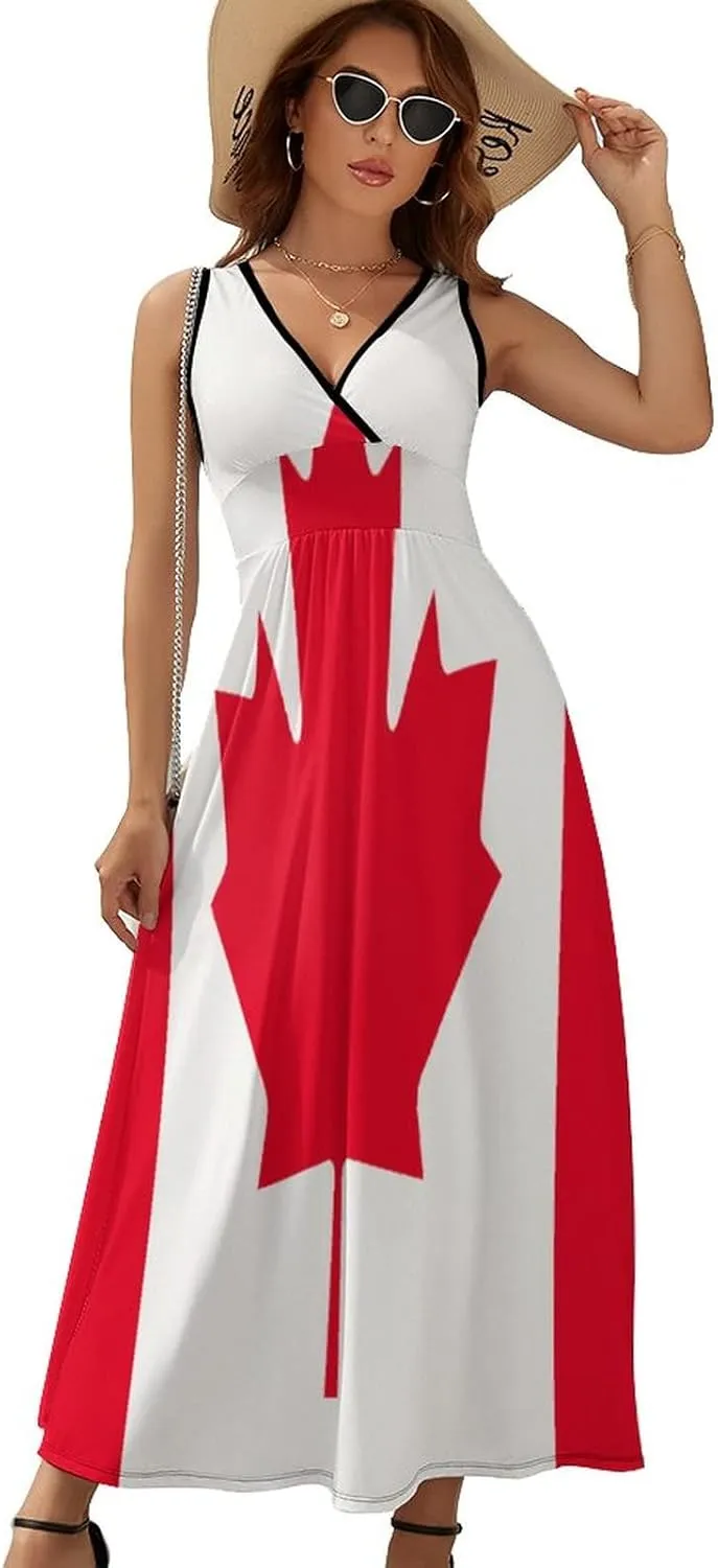 TAIZIYEAH Sleeveless Dress Elegant Casual Long Dress Canada Flag Girls Summer Sunshine Beach Skirts for Womens L