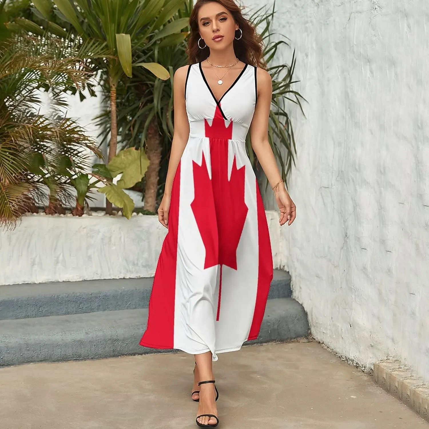 TAIZIYEAH Sleeveless Dress Elegant Casual Long Dress Canada Flag Girls Summer Sunshine Beach Skirts for Womens L