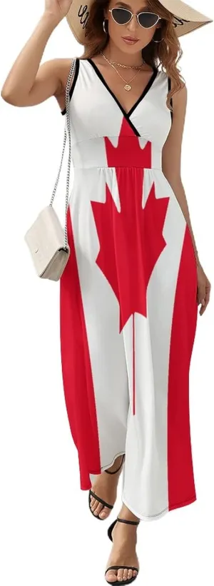 TAIZIYEAH Sleeveless Dress Elegant Casual Long Dress Canada Flag Girls Summer Sunshine Beach Skirts for Womens L