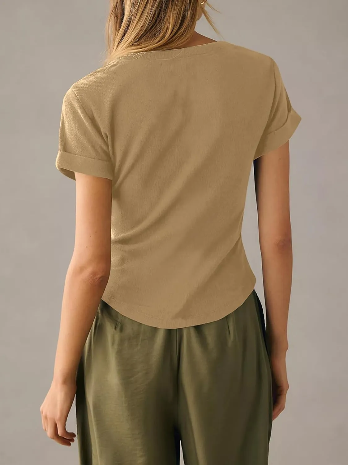 Tankaneo Women Deep V Neck Low Cut Tops Casual Ribbed Knit Henley T-Shirts Summer Short Sleeve Tees
