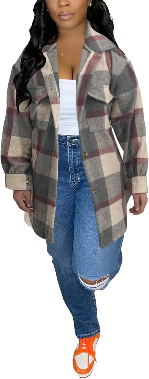 Tcremisa Womens Casual Plaid Shirt Jacket Wool Blend Button Down Long Sleeve Shacket Coats