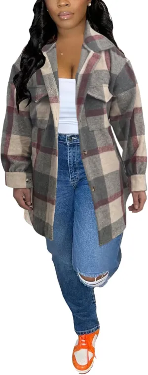 Tcremisa Womens Casual Plaid Shirt Jacket Wool Blend Button Down Long Sleeve Shacket Coats