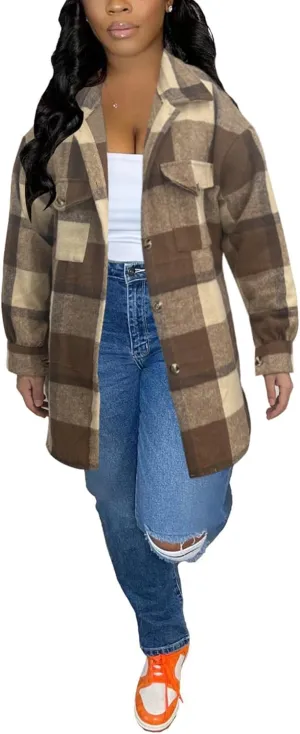 Tcremisa Womens Casual Plaid Shirt Jacket Wool Blend Button Down Long Sleeve Shacket Coats