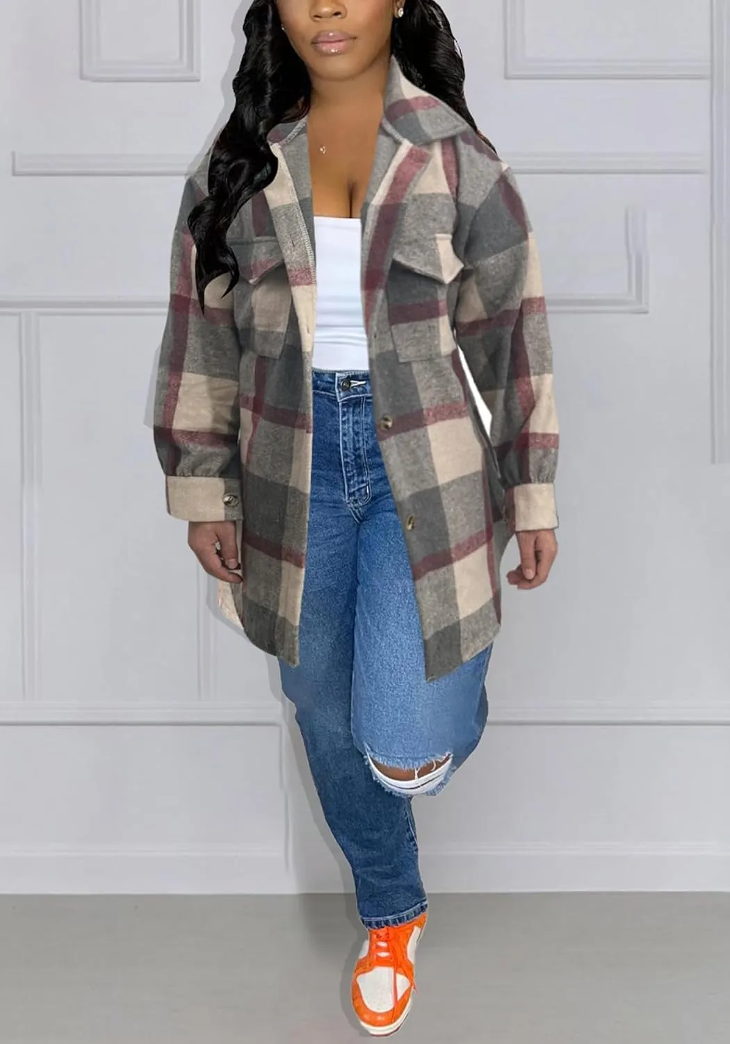 Tcremisa Womens Casual Plaid Shirt Jacket Wool Blend Button Down Long Sleeve Shacket Coats