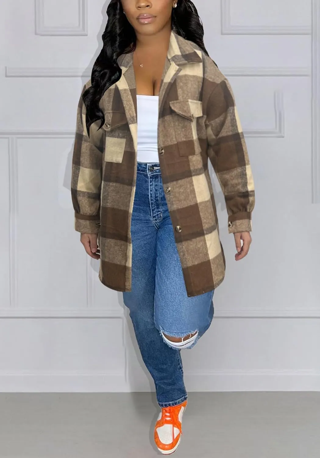 Tcremisa Womens Casual Plaid Shirt Jacket Wool Blend Button Down Long Sleeve Shacket Coats