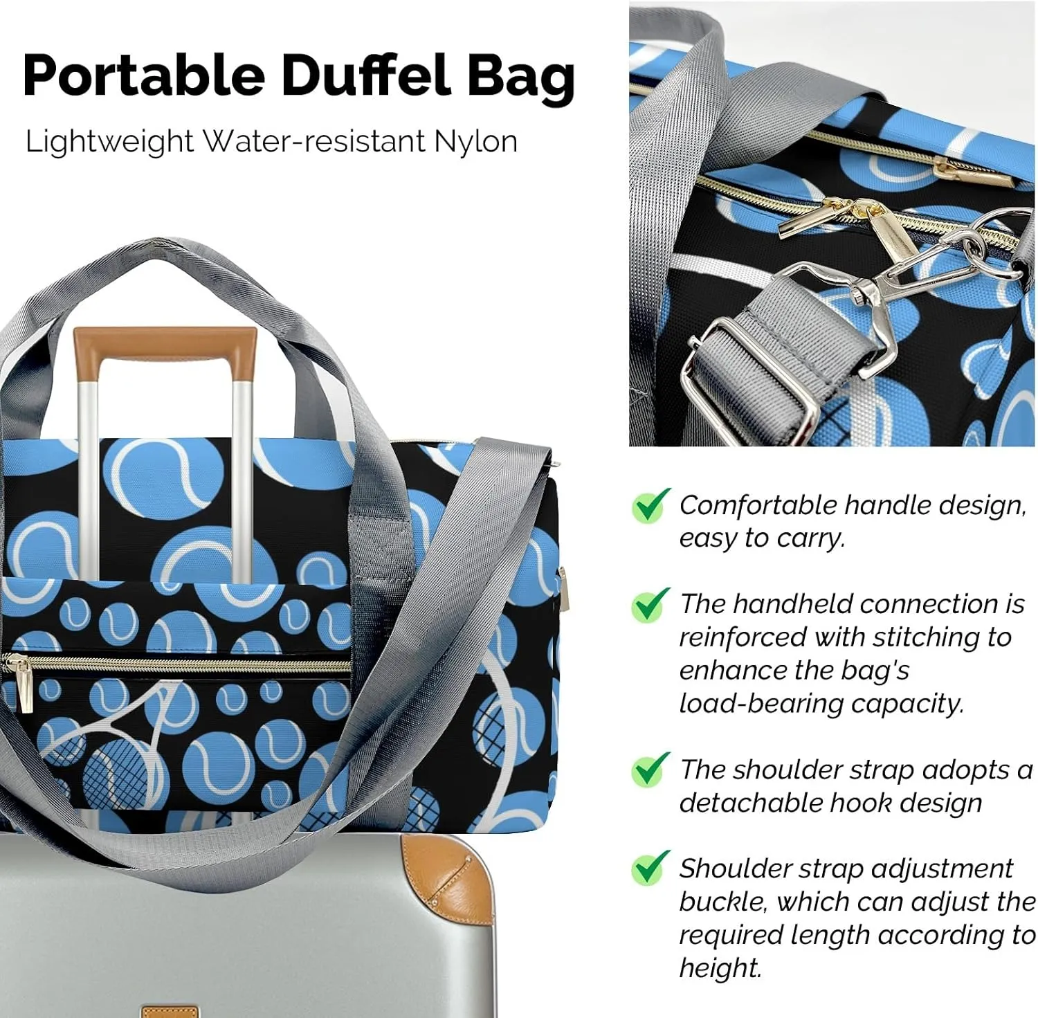 Tennis Blue Sport Gym Travel Duffel Bag Large Foldable Waterproof Overnight Bag for Beach Swim Bags Pool Sports Gym