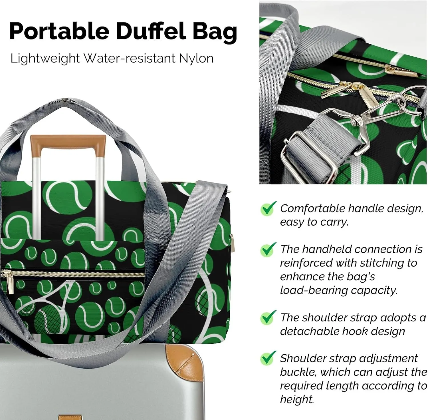 Tennis Green Sport Gym Travel Duffel Bag,Sports Tote Gym Bag,Shoulder Weekender Overnight Bag for Women