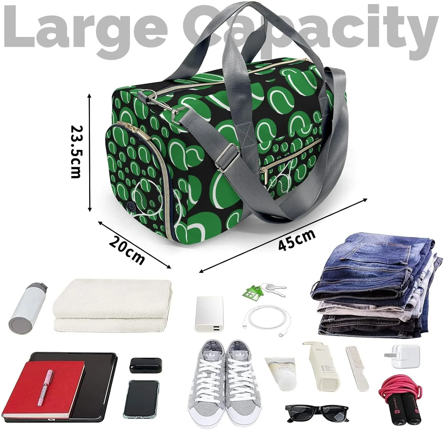 Tennis Green Sport Gym Travel Duffel Bag,Sports Tote Gym Bag,Shoulder Weekender Overnight Bag for Women