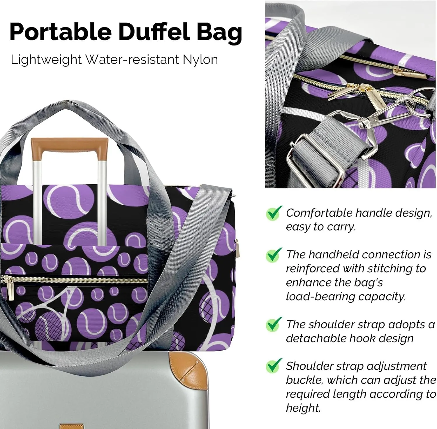 Tennis Purple Sport Gym Travel Duffel Bag Large Foldable Waterproof Overnight Bag for Beach Swim Bags Pool Sports Gym