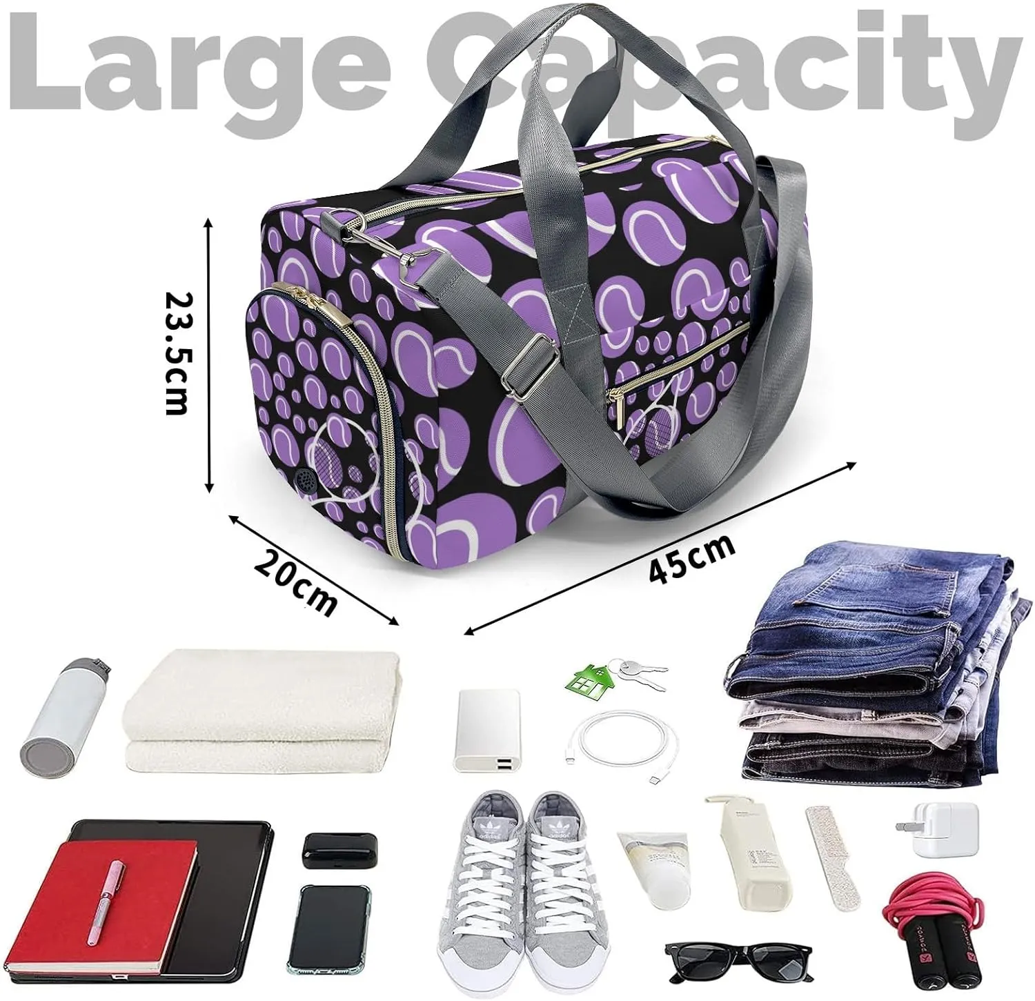 Tennis Purple Sport Gym Travel Duffel Bag Large Foldable Waterproof Overnight Bag for Beach Swim Bags Pool Sports Gym
