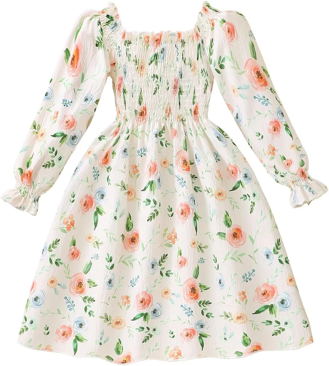 Tkria Girl Dress Spring Summer Square Neck Lantern Long Sleeve Toddler Dresses Size 3-7T