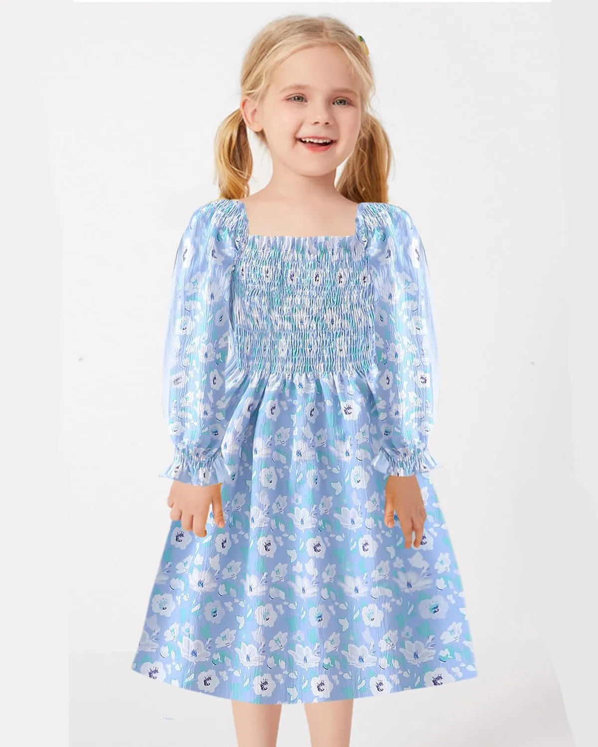 Tkria Girl Dress Spring Summer Square Neck Lantern Long Sleeve Toddler Dresses Size 3-7T