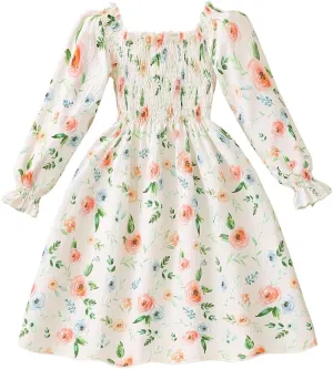 Tkria Girl Dress Spring Summer Square Neck Lantern Long Sleeve Toddler Dresses Size 3-7T