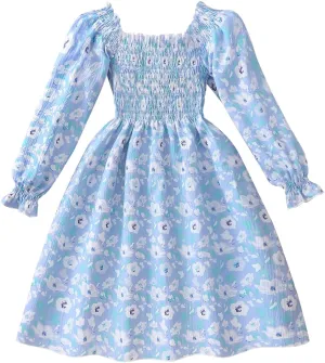 Tkria Girl Dress Spring Summer Square Neck Lantern Long Sleeve Toddler Dresses Size 3-7T