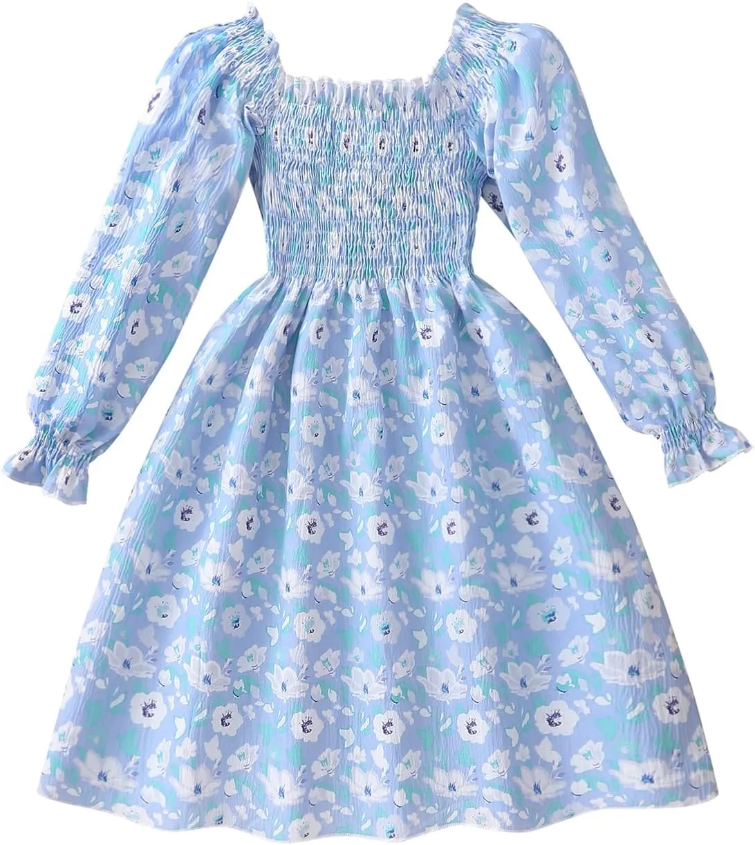 Tkria Girl Dress Spring Summer Square Neck Lantern Long Sleeve Toddler Dresses Size 3-7T