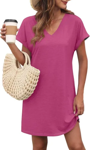 Tshirt Dress Women V Neck Short Sleeve Shift Mini Dresses Summer Loose Fit Dressy Casual Beach Vacation Short Dress