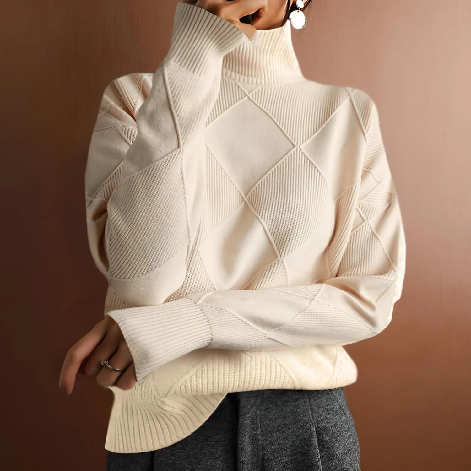 Turtleneck Sweater Women Long Sleeve Cable Knit Sweater Tops Fall Fashion Solid Color Oversized Pullover Tops