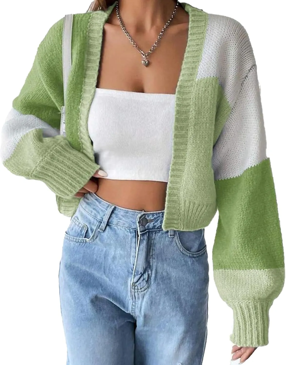 Unybwonn Women Color Block Cropped Cardigans Open Front Long Sleeve Knit Sweater Top Ribbed Loose Trendy Outerwear
