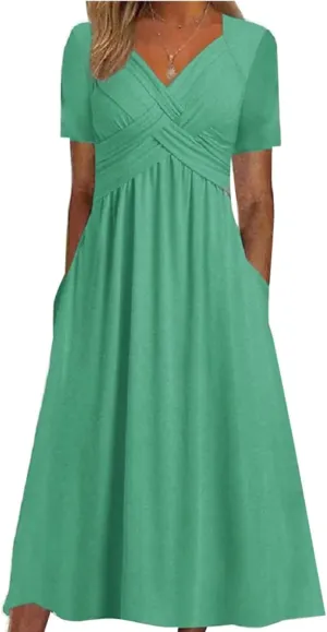 V Neck Wedding Guest Dresses for Women Short Sleeve Pleated Dress with Pockets Boho Sun Dress for Beach Vacation