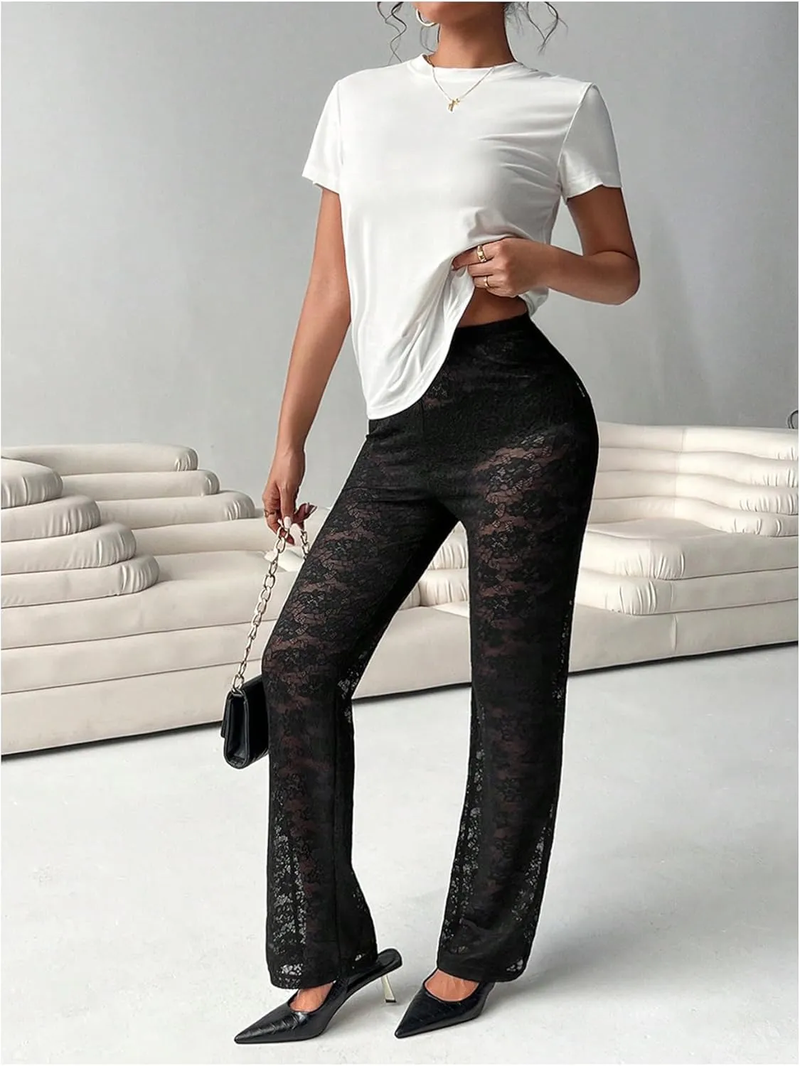 Verdusa Women's Y2K Straight Leg Lace Pants Elastic Low Waist Long Trousers