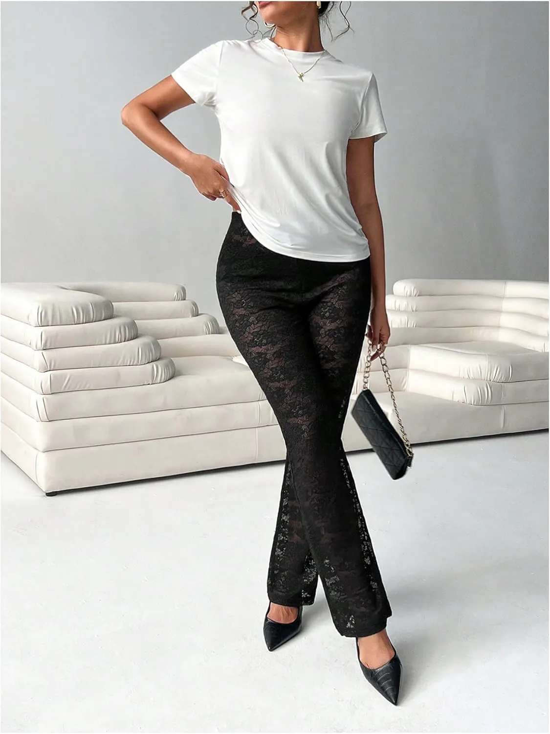 Verdusa Women's Y2K Straight Leg Lace Pants Elastic Low Waist Long Trousers