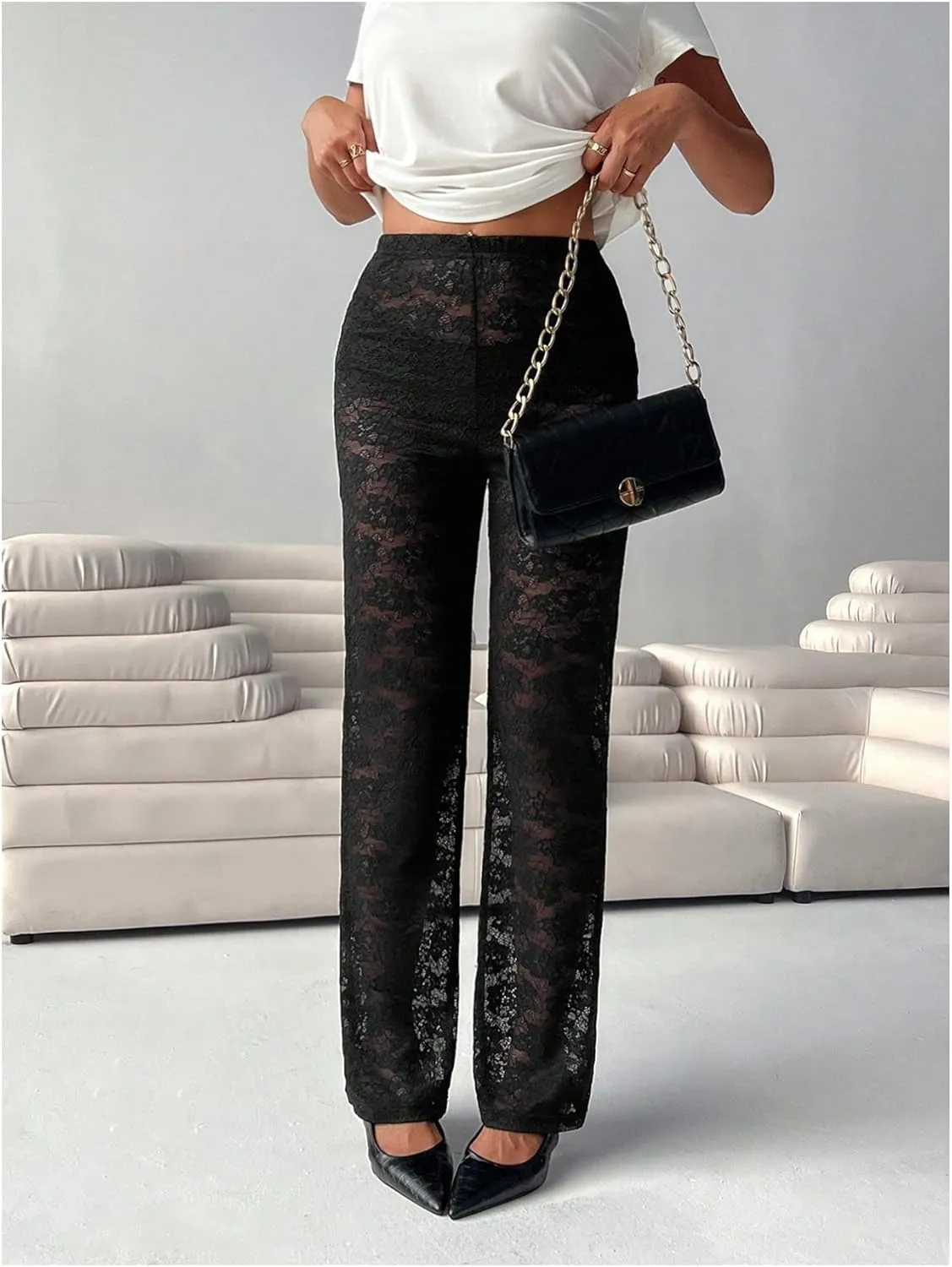Verdusa Women's Y2K Straight Leg Lace Pants Elastic Low Waist Long Trousers