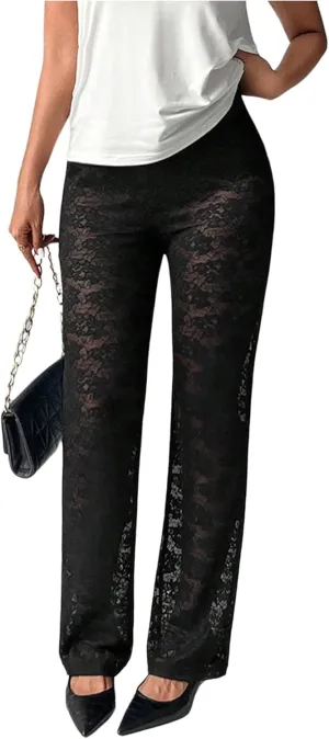 Verdusa Women's Y2K Straight Leg Lace Pants Elastic Low Waist Long Trousers