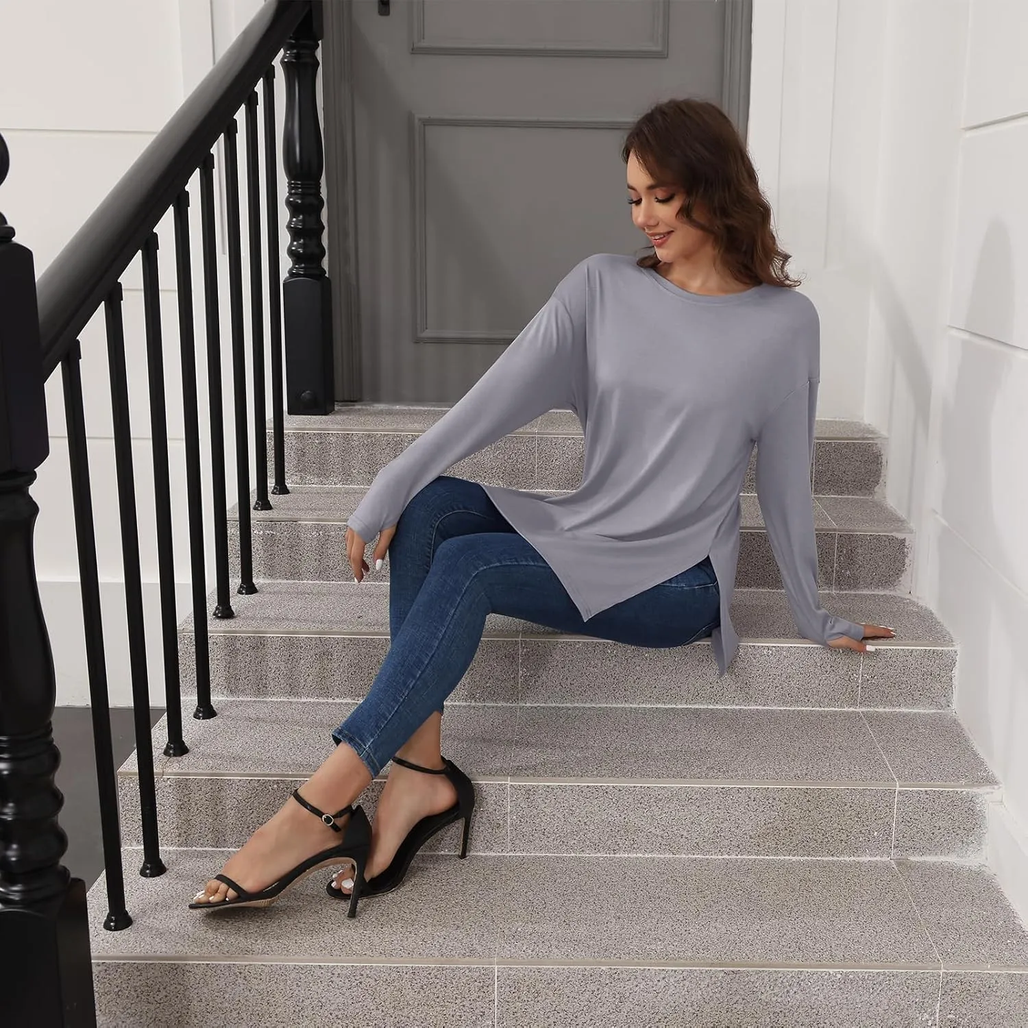 VNIRA Oversized T Shirts for Women Long Sleeve Loose Fit Casual Fall Tunic Top Basic Tee
