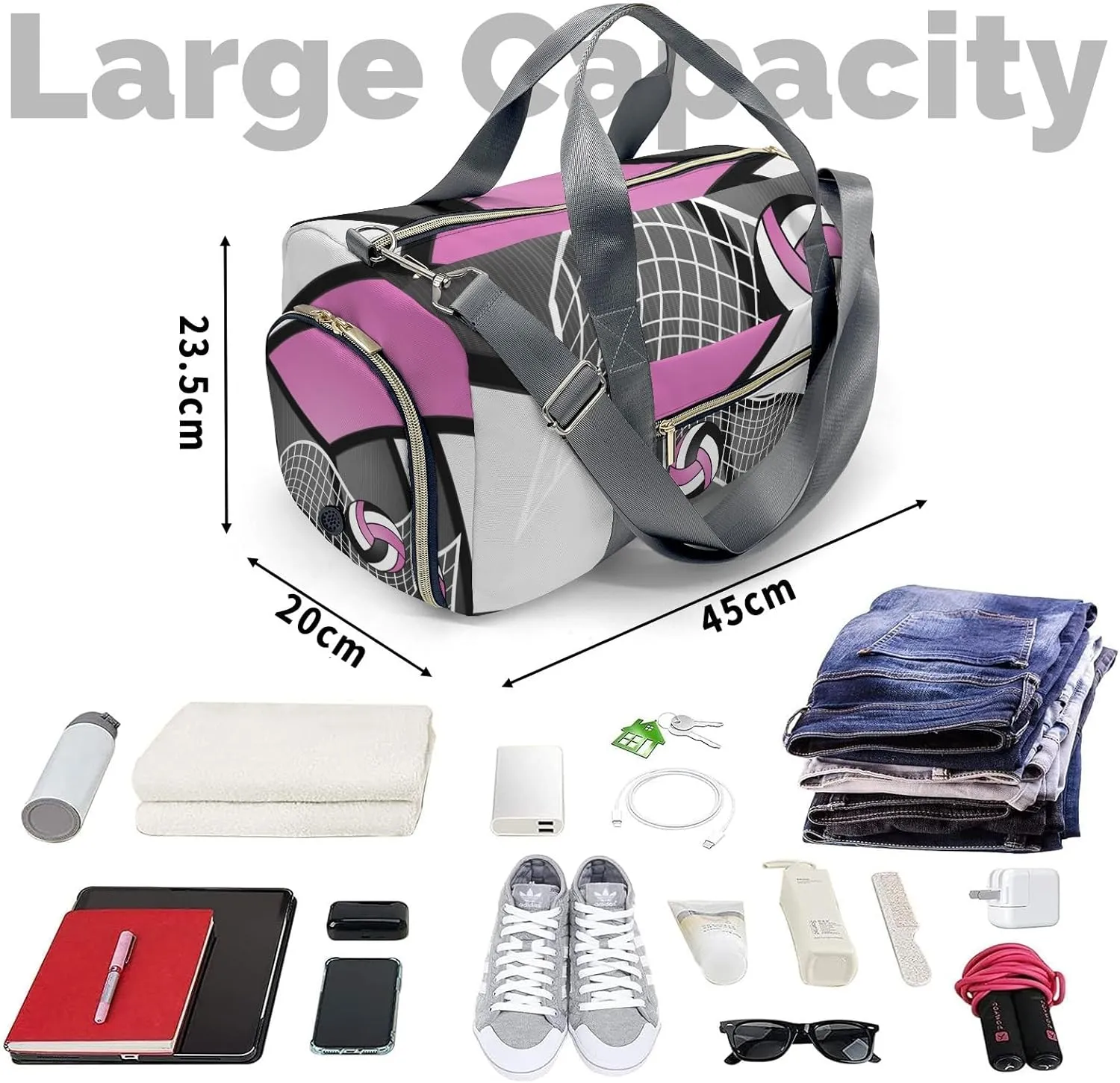 Volleyball Sport Player Team Number Name Duffle Bag for Travel, Weekender Bag with Shoe Compartment, Carry On Overnight Bag Gym Bag Hospital Bags