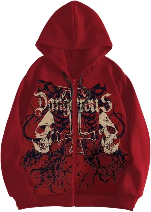 WDIRARA Men's Goth Skull Letter Graphic Drawstring Hoodie Long Sleeve Zip Up Sweatshirt