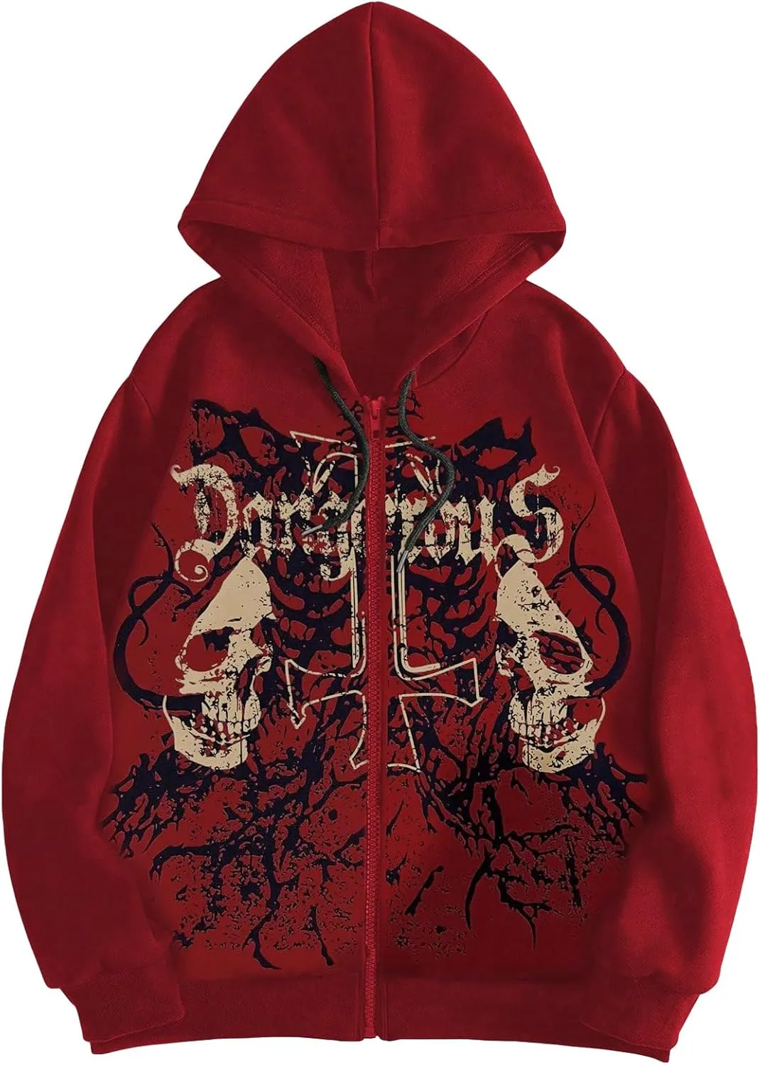 WDIRARA Men's Goth Skull Letter Graphic Drawstring Hoodie Long Sleeve Zip Up Sweatshirt
