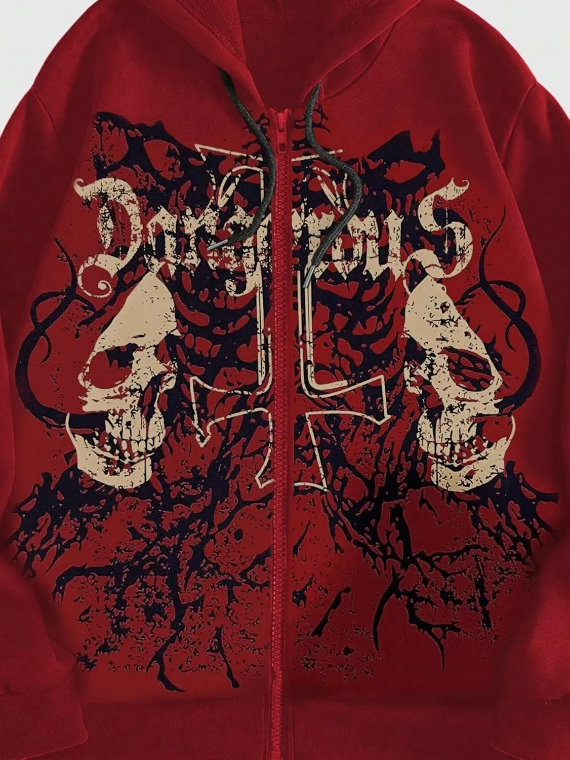 WDIRARA Men's Goth Skull Letter Graphic Drawstring Hoodie Long Sleeve Zip Up Sweatshirt
