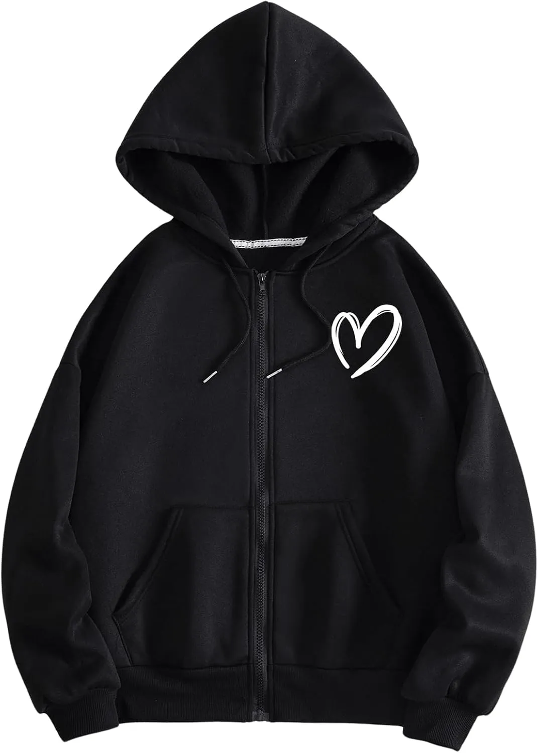 WDIRARA Women's Heart Print Zip Up Drawstring Hoodie Kangaroo Pocket Long Sleeve Sweatshirt