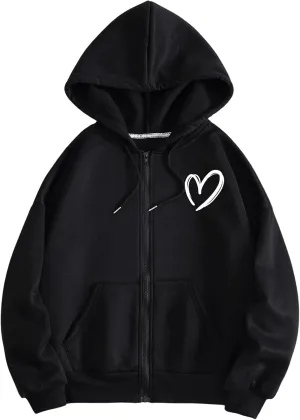 WDIRARA Women's Heart Print Zip Up Drawstring Hoodie Kangaroo Pocket Long Sleeve Sweatshirt